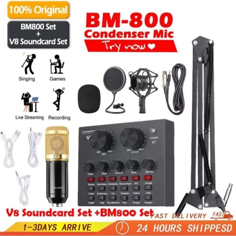 Soundcard V8/PAKET KUMPLIT MIC CONDENSER BM800+ STAND + SOUNDCARD V8 + SPLITTER