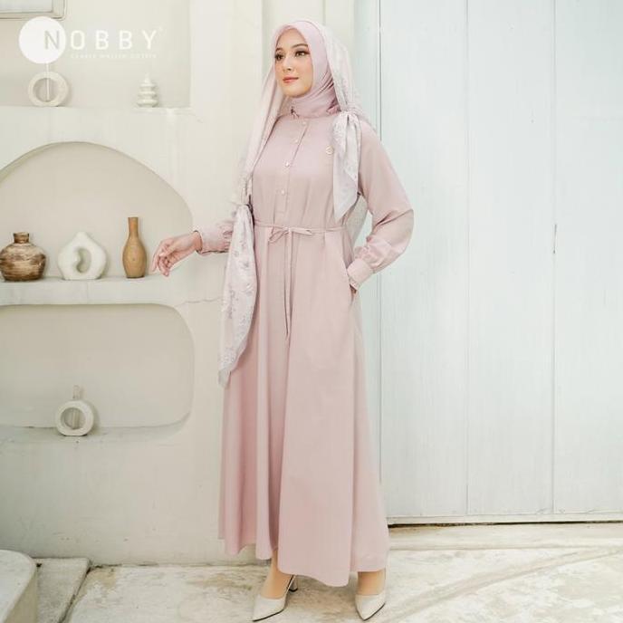 Nobby Baiq Dress Gamis Formal Muslim Polos Wanita Bahan Woolpeach Ultimate & Lace