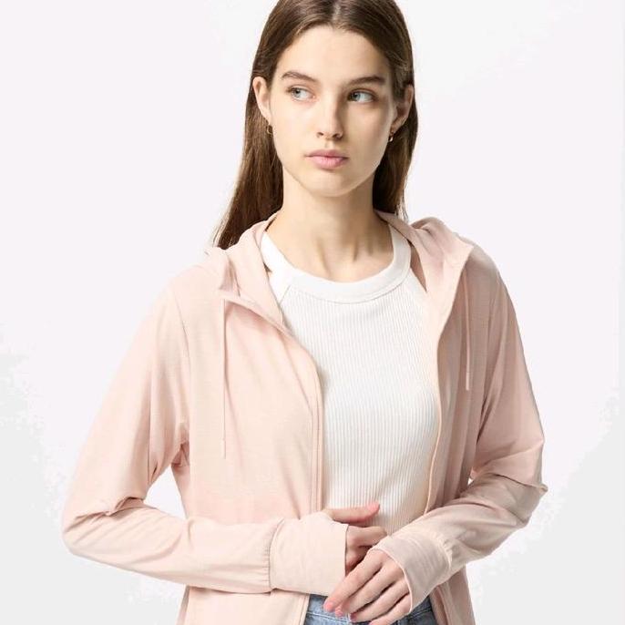 uniqlo airism jaket hoodie wanita risleting proteksi sinar uv - jacket olahraga pink