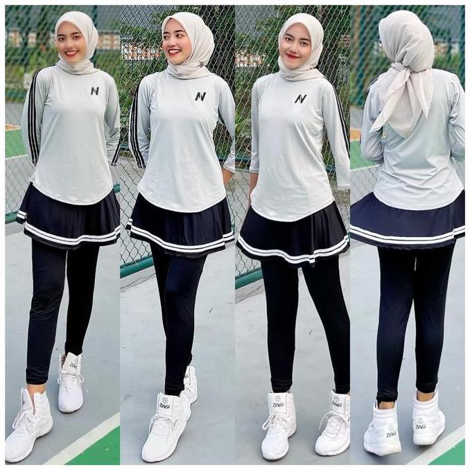 Mix Atasan Baju Senam N Abu Lis Hitam dan Legging Rok Senam Hitam Lis Putih / Bisa dibeli Terpisah d