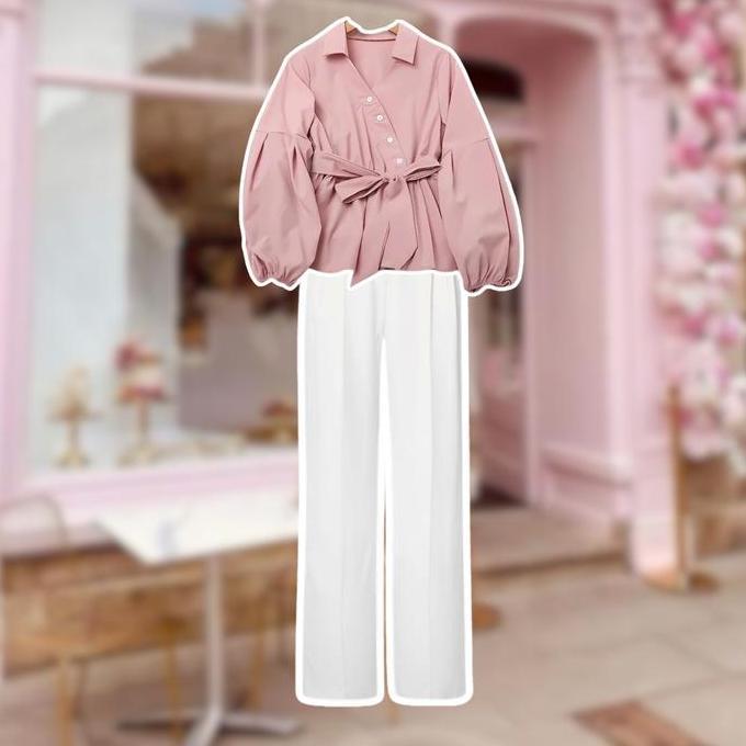 Grgd- Outfit Set Korean Style Terkini Ootd Korean Style Blouse Pink Set Celana Putih Outfit Old Mone