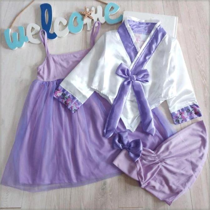 Gamis hanbok muslim anak 1-2 tahun hijab pita lucu korea Katun