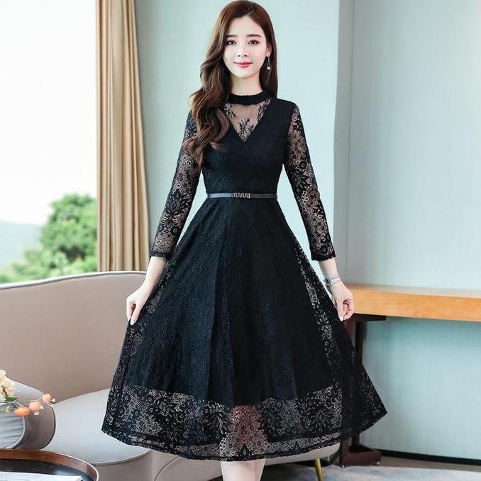 Xyxy- Cynthia Dress Brokat Pesta Lengan Panjang Zipper Formal Gaun Wanita Cantik Bunga Maxi Pendek