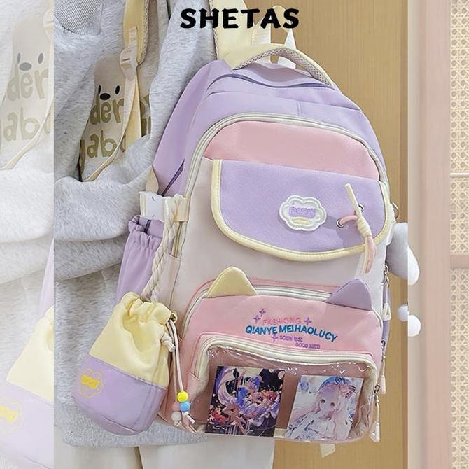 SHETAS Tas Ransel Sekolah SMA & Mahasiswa Kapasitas Besar Telinga Kucing Original + Pouch Besar Lucu