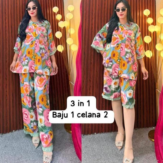 Sendtoday- Meidina Set 3In1 Setelan Baju Wanita (2 Celana 1 Baju) Rayon Panjang Motif