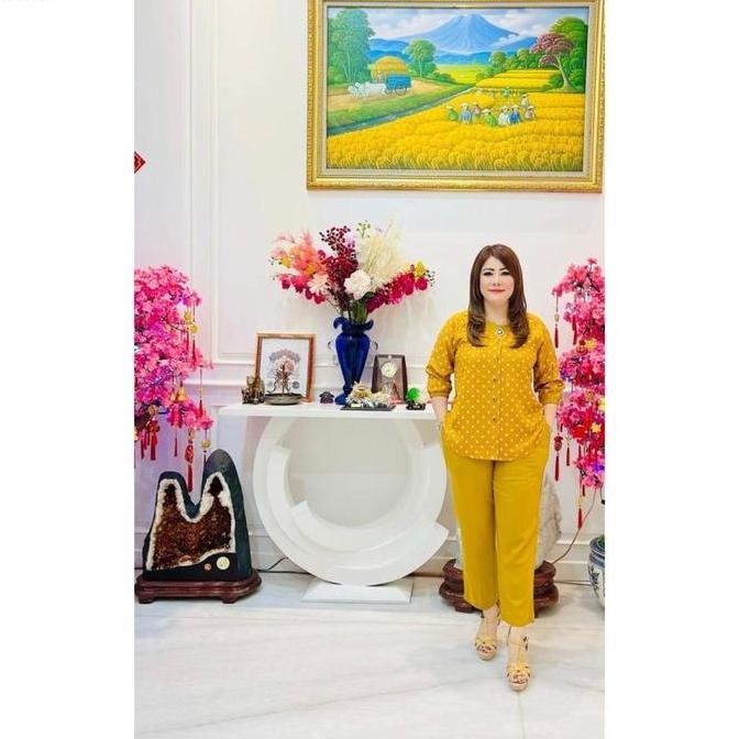 Sendtoday- Setelan Rayon Twill Motif Pp Polkadot Kancing Depan Full 109901