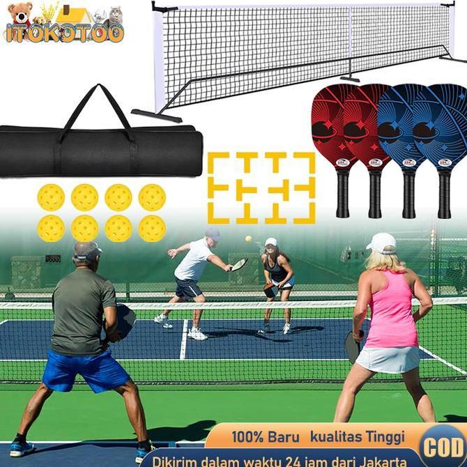 Pickleball Full Set Pickleball Net + 4pcs Raket Pickleball + 8pcs Bola