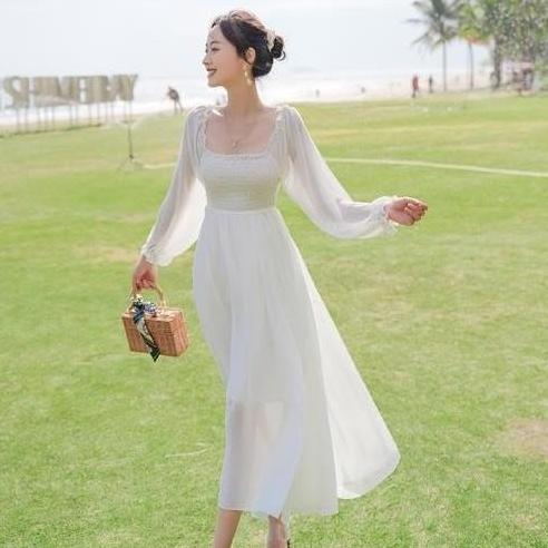 FAIRY white sabrina midi dress long sleeve woman premium / korean summer dress / beachwear bali / ca