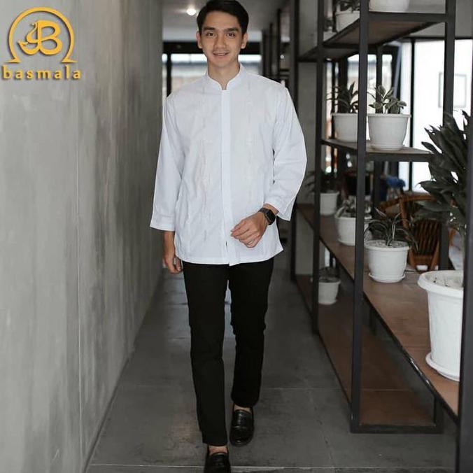 Uwouwo- Baju Koko Pria Lengan Panjang Putih Bordir Padang Fashion Muslim Pria