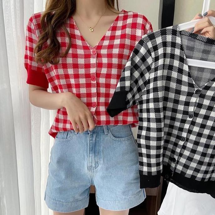 Limited Missoofficial.Id Bj1748 Baju Atasan Kaos Bahan Rajut Knit Kotak-Kotak Lengan Pendek Kerah V 