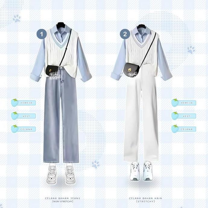 KUKI OUTFIT - Sean Baju One Set Wanita (Kemeja, Vest Rajut BKK, Celana Jeans) Korean Style Rompi Set