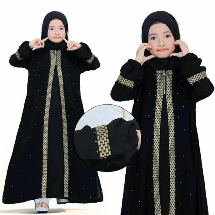 Abaya Muza ABAYA ANAK ZIPER RENDA GOLD Gamis Panjang Baju Muslim Kombinasi Wanita Hitam Dress Setela