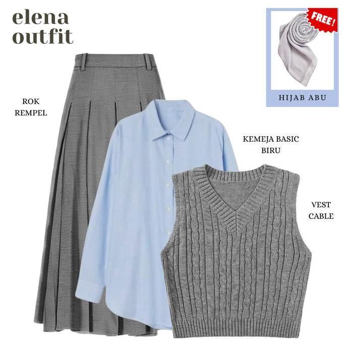 Setelan Outfit Yearbook American Style (Kemeja Basic Biru, Rok Rempel Abu, Vest Rajut Cable) - GGO30