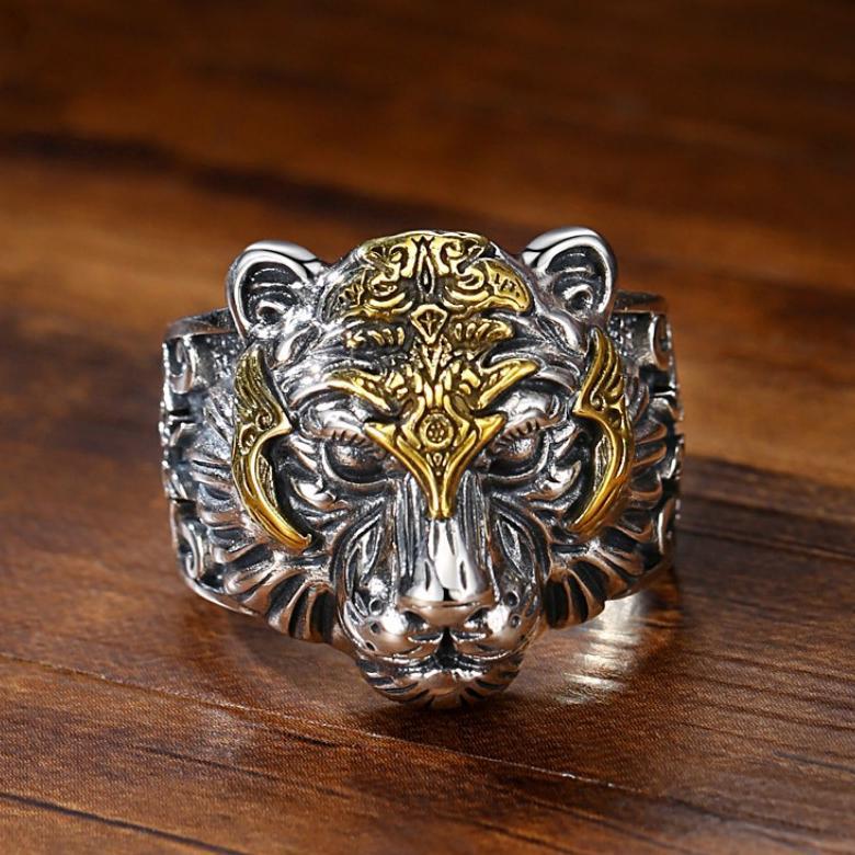 Cincin Harimau Silver Gold / Cincin Pria Kepala Macan Gaya Retro Ukuran Bisa Disesuaikan / Adjustabl