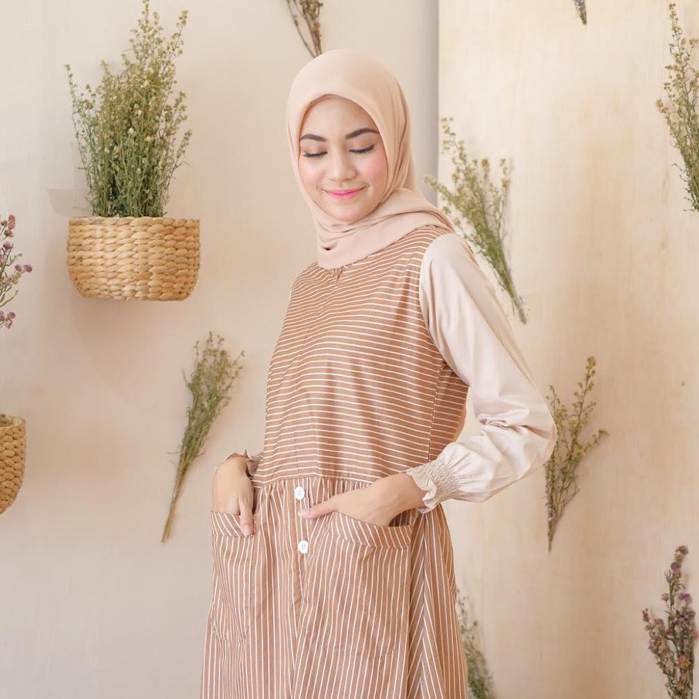 Ramee Mikayla gamis katun motif garis kombinasi polos/ 2 in 1 Baru