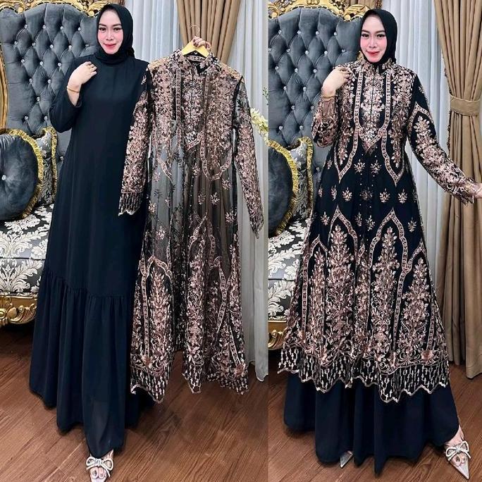Promo (Maudy) Dress Outer Set Inner// Gamis Pesta Kondang,Wisuda,Gamis Raya Terbaru(Motif Kubah)