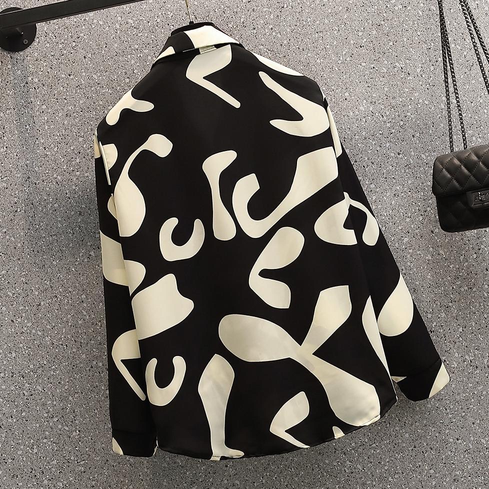 STOK TIPIS New 2025 Fashion Cetakan Geometris Korea Trendy Kemeja Lengan Panjang Hitam Sifon Berkual