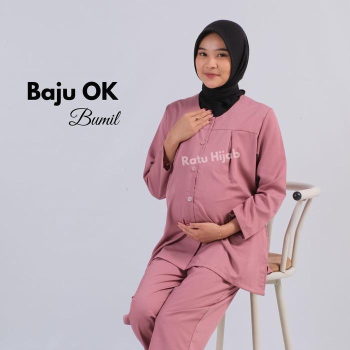 Baju Oka Bumil Ibu Hamil Maternity Scrub Perawat Nakes  Full Kancing Lengan Panjang Polos One Set  W