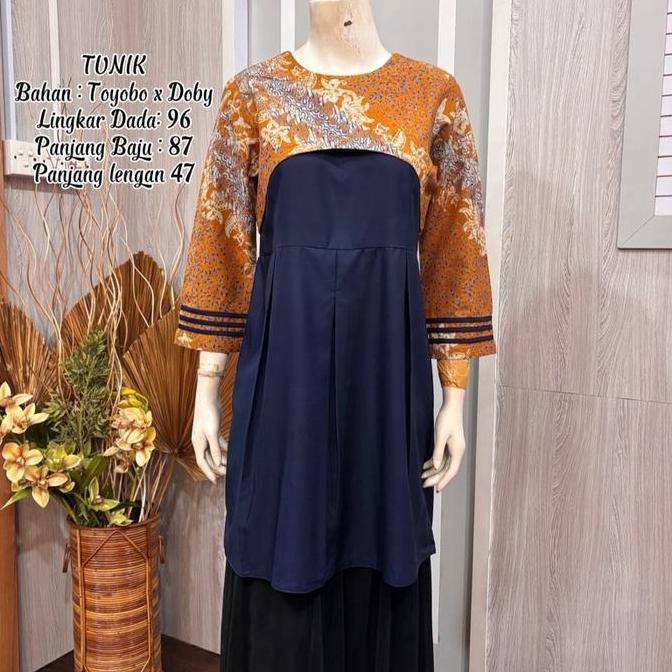 Grosir Tunik Batik Kombinasi Polos Bahan Toyobo X Doby Lingkar Dada 100 Panjang Baju 91 Panjang Leng