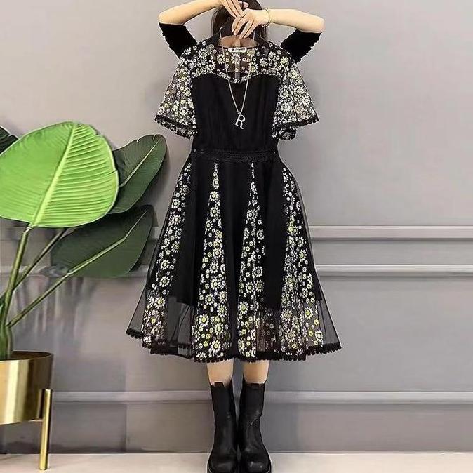 Cuci Gudang  Fanmu 5057 Dress Korean Style Dress Wanita Gereja Hitam Gaun Gereja Elegan Mewah Kriste