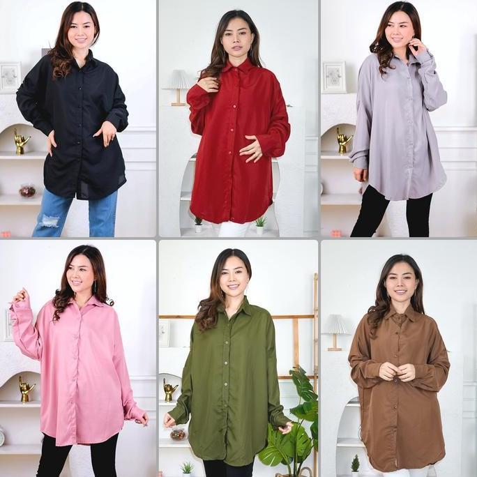 Grosir Alimama - Dexy Oversize - Kemeja Atasan Pakaian Kantor Panjang Polos Loose Shirt Ootd Wanita 