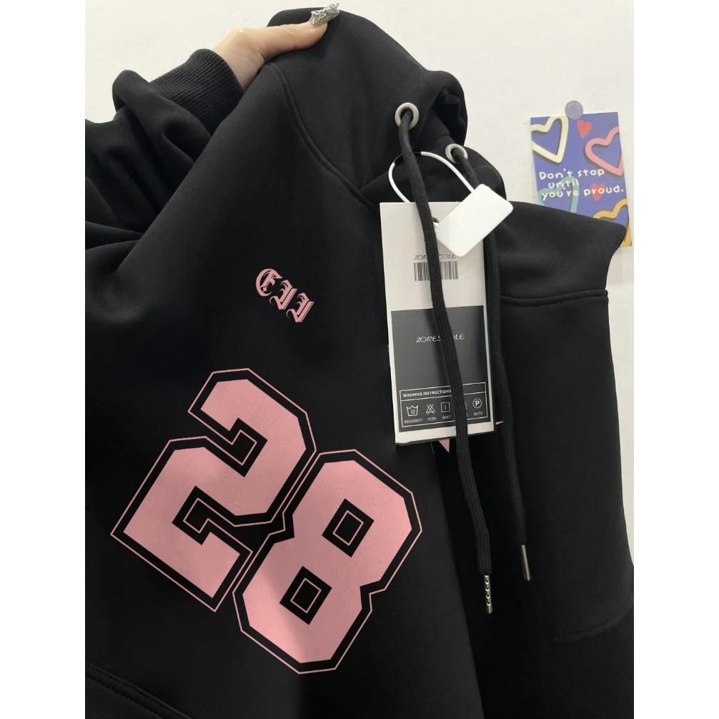 ORIGINAL FORTEID  HOODIE SWEATER WANITA OVERSIZE CETAKAN ANGKA MERAH MUDA 28 BAJU CLUB KOREAN STYLE 