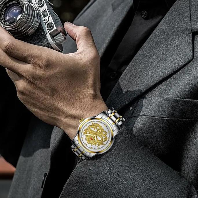 Wgwg- Sunlifex Jam Tangan Pria Stainless Steel Quartz Original Dragon Gold