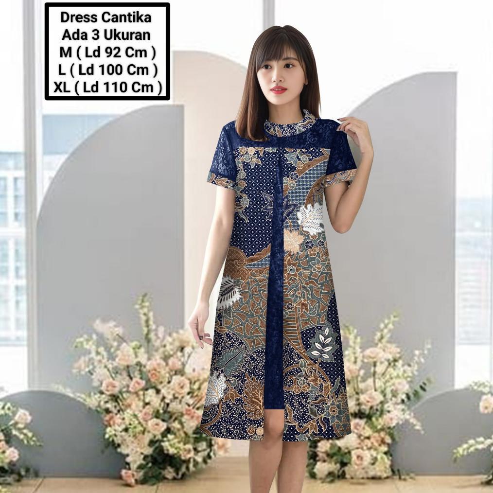JANGAN LEWATKAN Dress Wanita Midi Model Terbaru Matt Batik Kombinasi Brokat Mutiara/Dress Cantika Ba