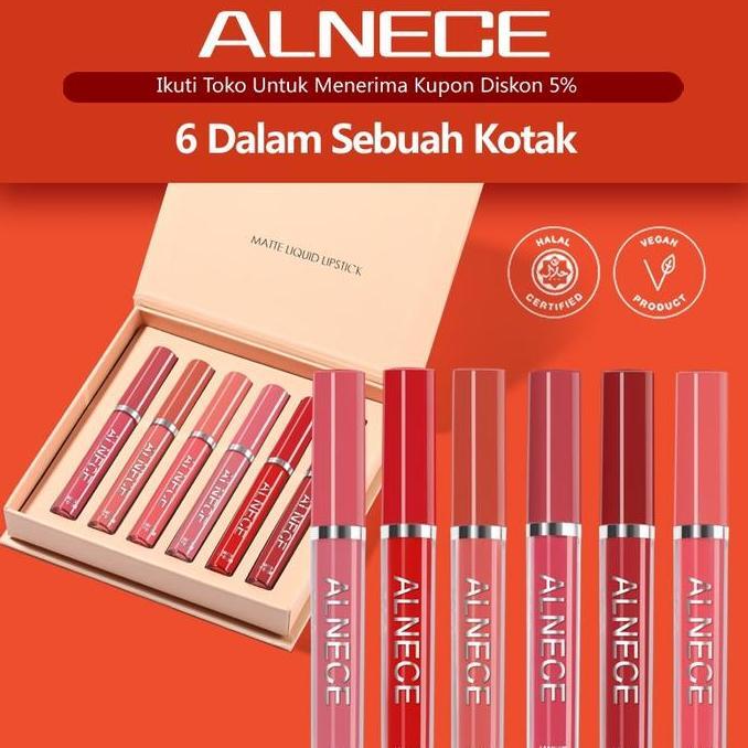 Lipss- Alnece 6 Set Lip Gloss Lipgloss Matte Lembut Tahan Lama Melembabkan Dengan Lipstick Lipstik