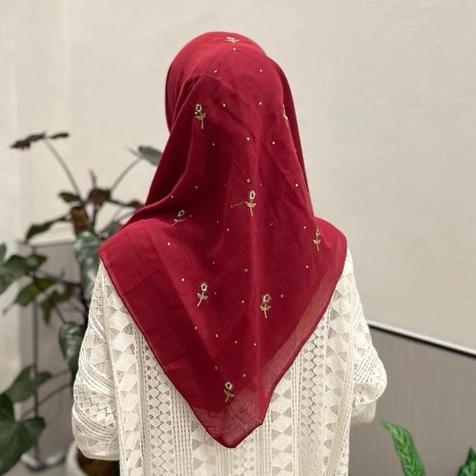 Dieocrd- Jilbab Segi Empat Paris Bordir Bunga Swarovsky Mutiara Mewah Voal Hitam Wanita Pesta Square