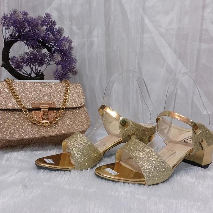 Beranigaya- Paket Tas 2In1 Sandal Heels Dan Tas Wanita Gliter Paket Sandal Kondangan Cewek
