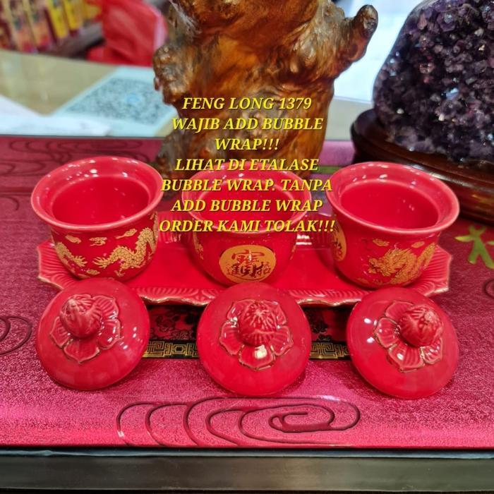 Cangkir Puja Sembahyang Keramik Aneka Corak Seri Kuncup Set 3 + Tutup + Tatakan