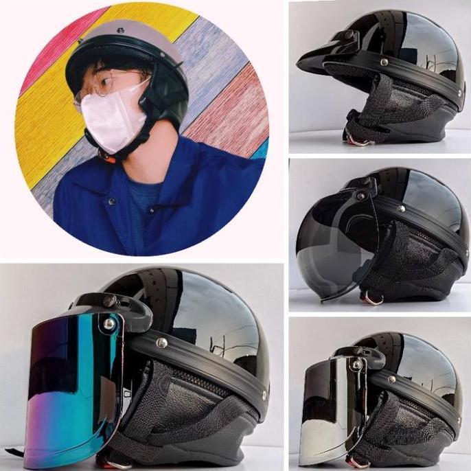 Thebest- Helm Chips Cetok Retro polos Hitam glossy kaca datar Flat visor-helm