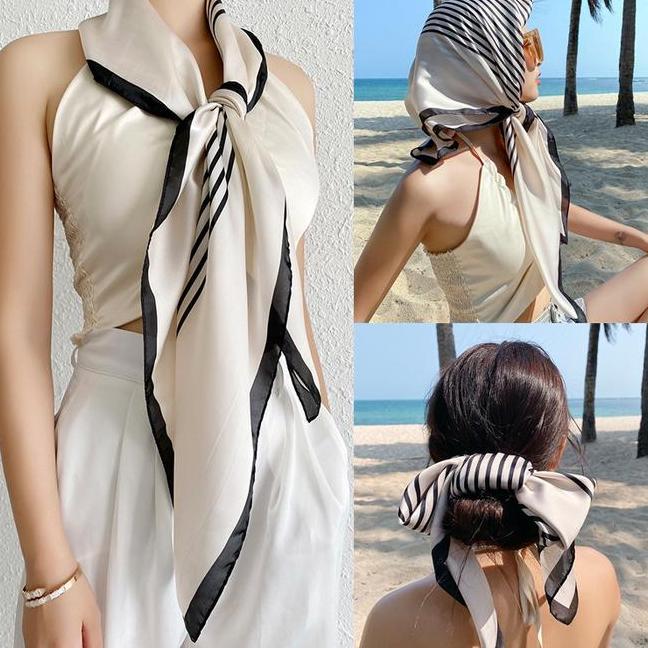 9090Cm Syal Sutra Shawl Hijab Segi Empat Besar Wanita Temperamen Sederhana Bergaris Scarf Sutra Sele