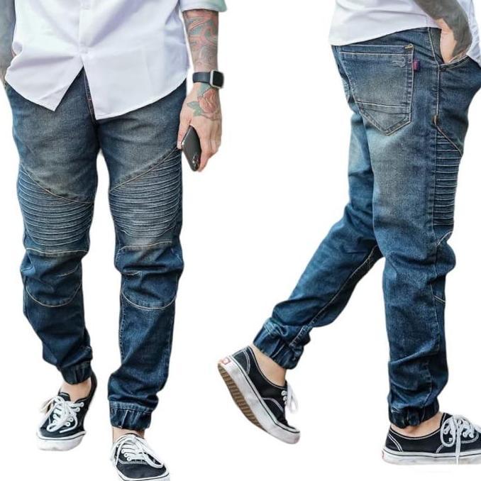Celana joger jeans biker laki laki slim fit