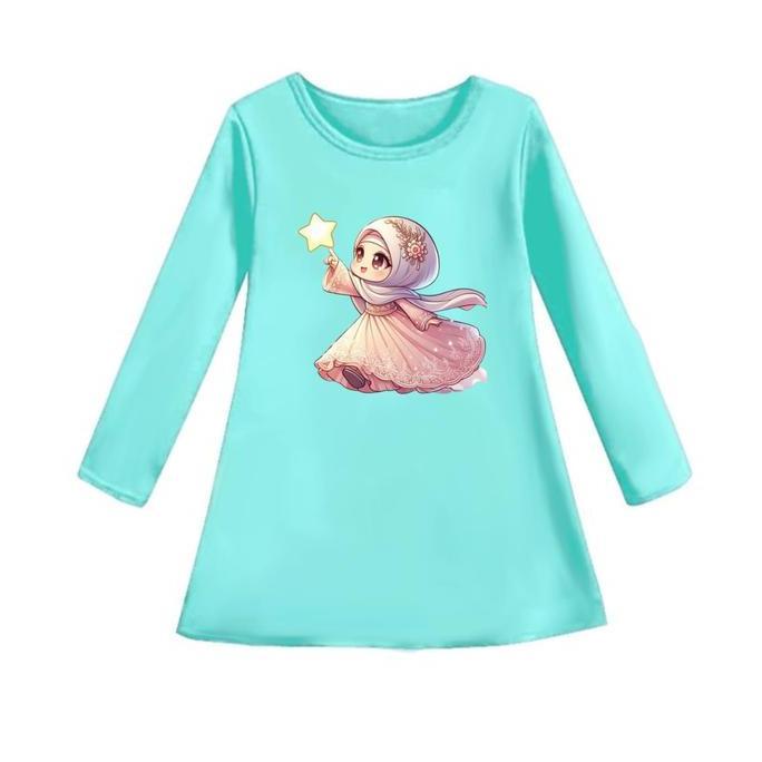 DA52 >> Tunik Dress Motif Gambar Kartun MUSLIM STAR Oblong Lengan Panjang Atasan Anak Perempuan Usia