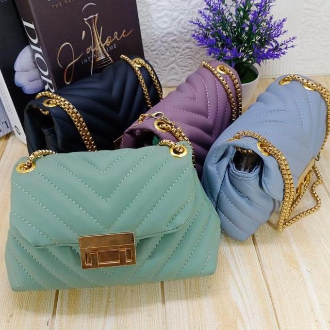 BEST SELLER / PREMIUM MURAH JAYA Tas Wanita Lizzy Selempang Slingbag Gold Shoulder Bag - Bahan Sinte