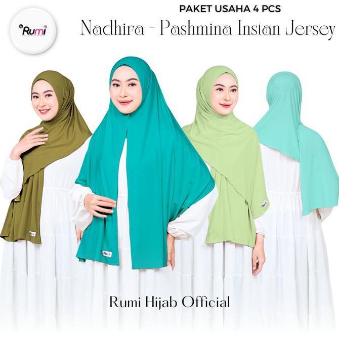 Terpopuler- Rumi Hijab - Paket Usaha Isi 4 Pcs Nadhira Pashmina Instan Jersey Kerudung Malay Wanita 