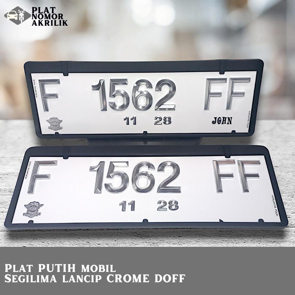 Plat Nomor Mobil Akrilik Timbul CROME DOFF PUTIH - Lancip Segi 5