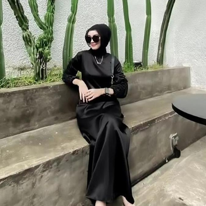 DRESS SATIN DARLA SILK LENGAN SERUT LONG DRESS Bahan Satin Silk Velvet Premium Ukuran ML LL XL Panja