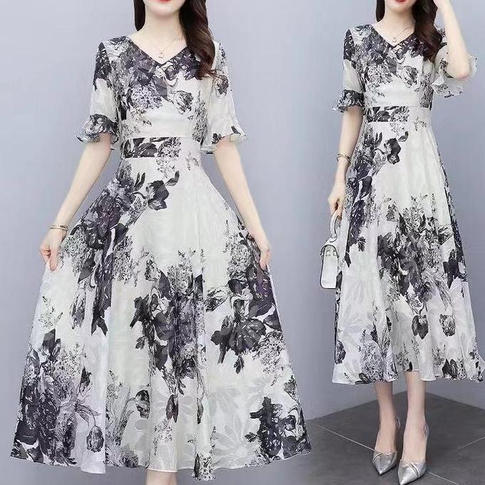Midi Dress Gaun Sifon Jacquard Tinggi Korea Slim Casual Floral Bahan