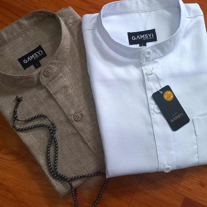 Baju koko linen Gamsyi LMH lengan panjang Polos Kerah Muslim Nyaman Putih Pria Dewasa