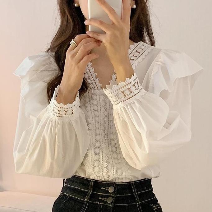 Bellastyle #Kemeja wanita V-neck renda renda manis dan ladylike, lengan panjang gaya istana atas unt