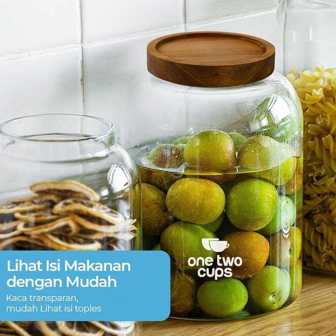One Two Cups Toples Kaca Jar Penyimpanan Makanan Kue Biji Kopi Tutup Kayu Kedap Udara Ukuran Besar -