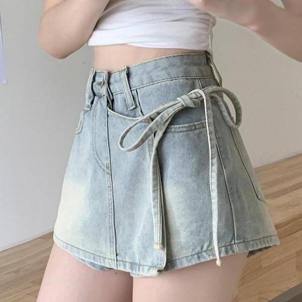 Yurima- Jeans Pendek Highwaist Gaya Korea Celana Rok Denim Lace Up Fake Skorts Cropped Short Jeans
