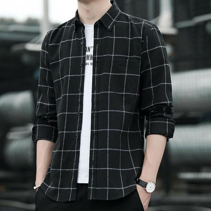 Kemeja Kotak Flanel Merah Pria Lengan Panjang Distro Premium Hem Cowok - Katun, Casual Semi Retro