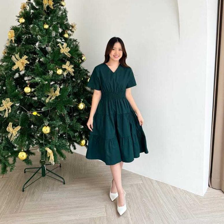 FREE ONGKIR VERA MIDI DRESS | BAJU DRESS NATAL CHRISTMAS MAROON EMERALD