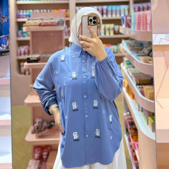 Topyoux- Kemeja Cats Motif Bordil Bahan Rayon Twill Premium Atasan Wanita