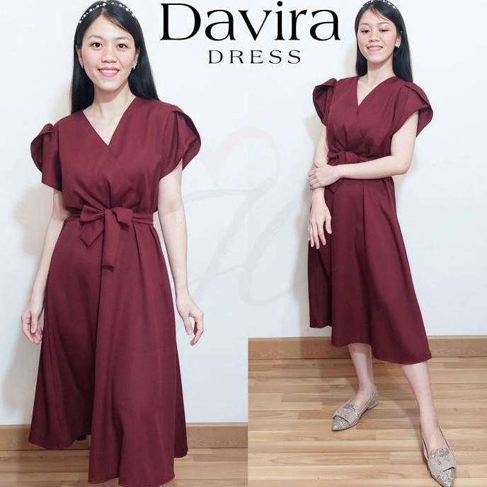 Promo Dress Davira JoCa Clothing Fashion Wanita Gaun Dres Polos Leher V-neck Midi Lengan Pendek Remp