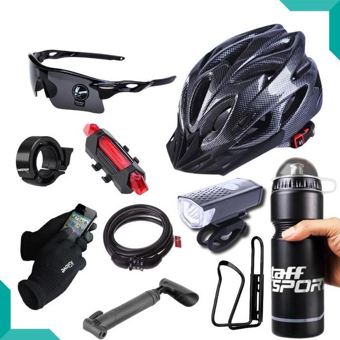 Paket Aksesoris Sepeda Komplit Helm + Kacamata + Lampu + Botol Minum